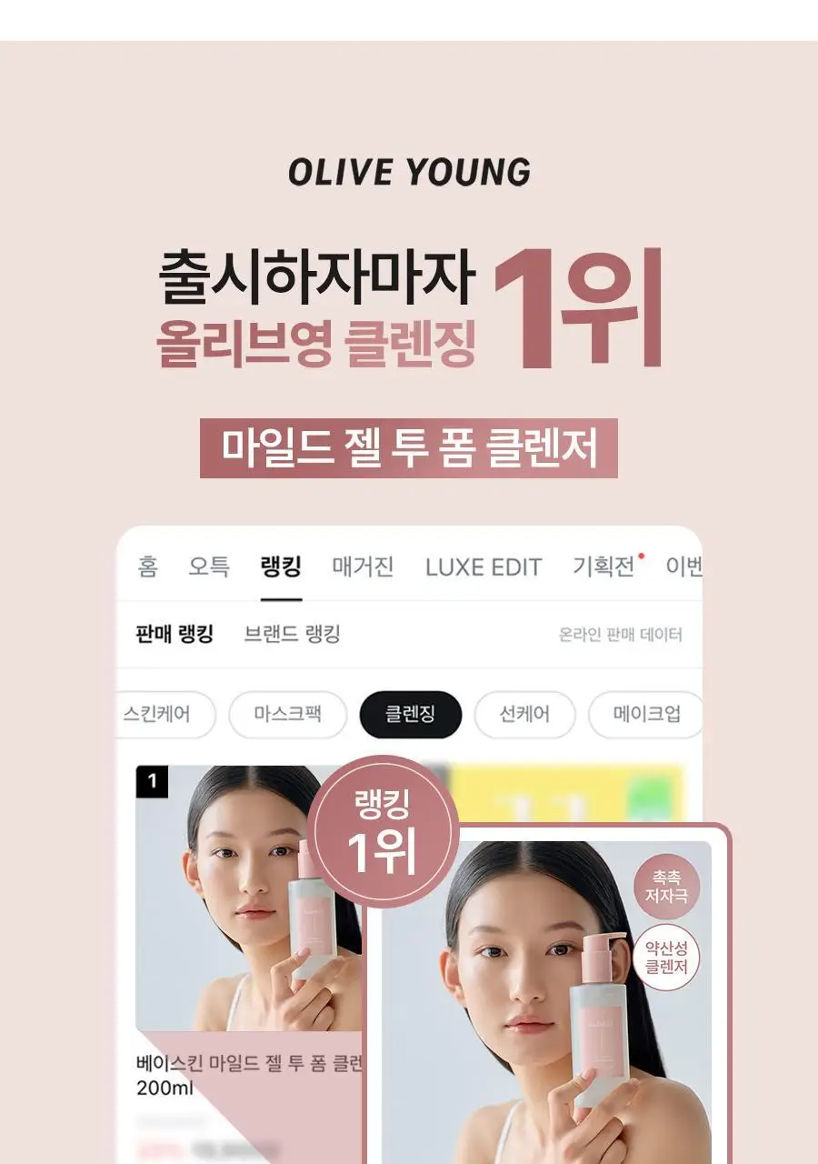 [1+1/보습장벽]베이스킨 마일드 젤 투 폼 클렌저 [재구매율 69.9%] 상세페이지 1